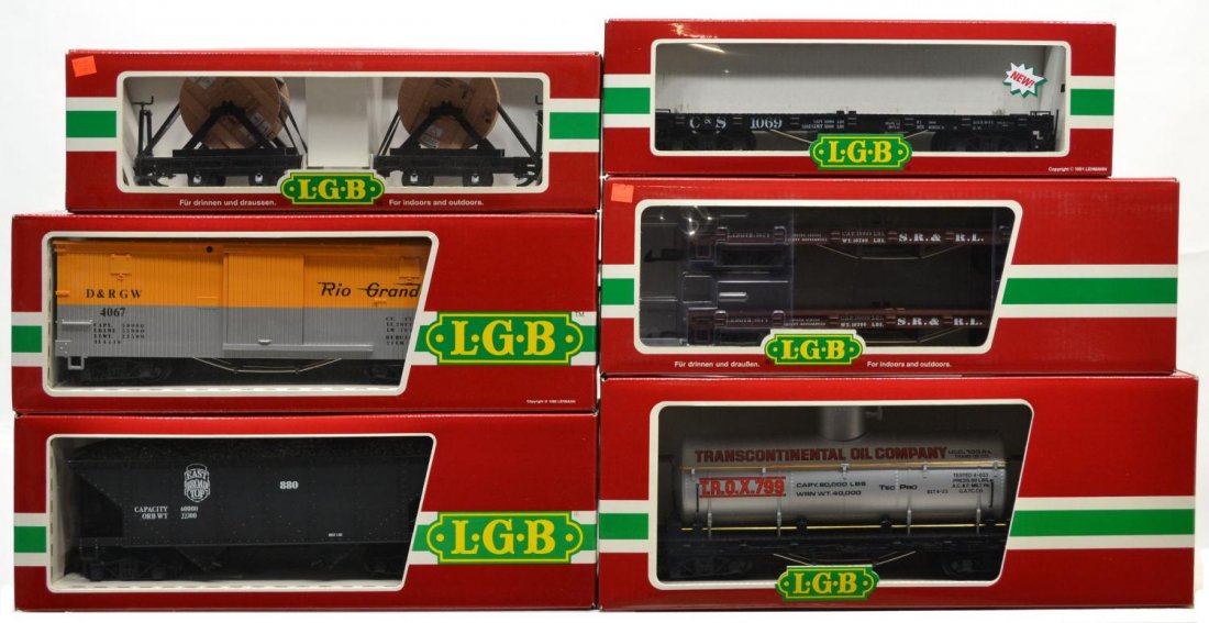 (6) LGB VARIOUS MODEL TRAIN CARS, ORIGINAL BOX: (lot of 6) LGB model train cars, G gauge, original box, several retaining cardboard sleeves: (1) 4080-Y 01, freight; (1) 4269O, freight; (1) 43170, freight; (1) 41600, freight; (1) 4076, freight; (1) 