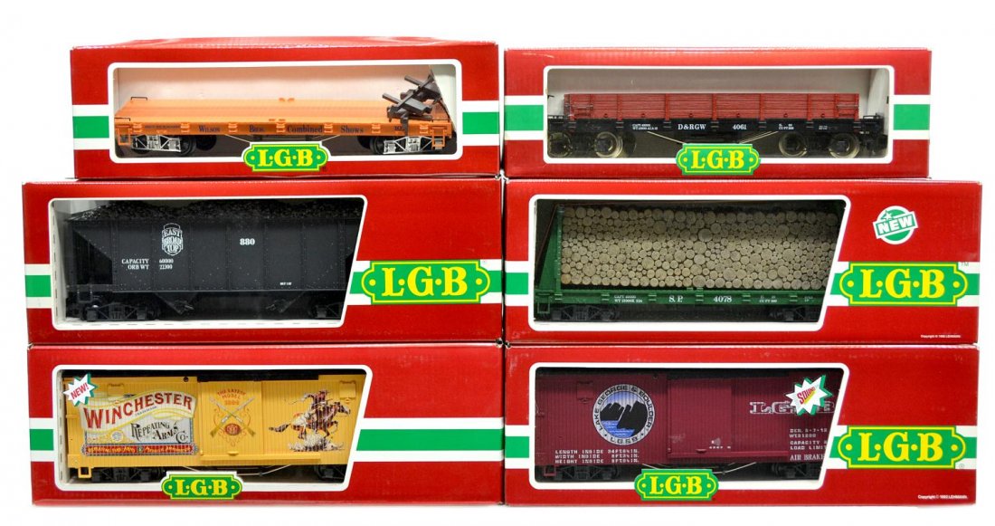 (6) LGB VARIOUS MODEL TRAIN CARS, ORIGINAL BOX: (lot of 6) LGB model train cars, G gauge, original box, several retaining cardboard sleeves: (1) 47670, freight; (1) 4078, freight; (1) 4061, freight; (1) 4076, freight; (1) 4267 S, freight; (1) 4260-