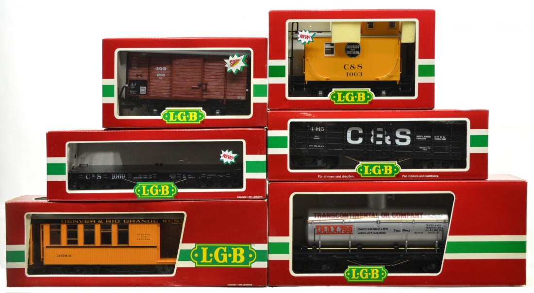 (6) LGB VARIOUS MODEL TRAIN CARS, ORIGINAL BOX: (lot of 6) LGB model train cars, G gauge, original box, several retaining cardboard sleeves: (1) 41730, freight; (1) 43650, freight; (1) 4080-Y 01, freight; (1) 4269O, freight; (1) 3083, passenger; (1