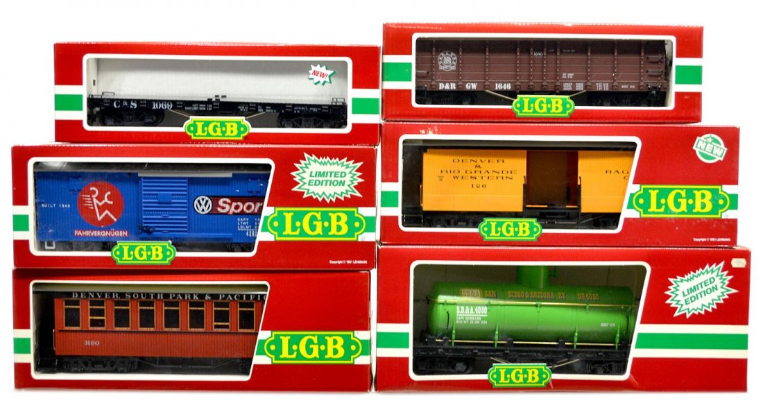 (6) LGB VARIOUS MODEL TRAIN CARS, ORIGINAL BOX: (lot of 6) LGB model train cars, G gauge, original box, several retaining cardboard sleeves: (1) 3180, passenger; (1) 3084, passenger; (1) 4080-Y 05, freight; (1) 4290 VW, freight; (1) 4073, freight; 