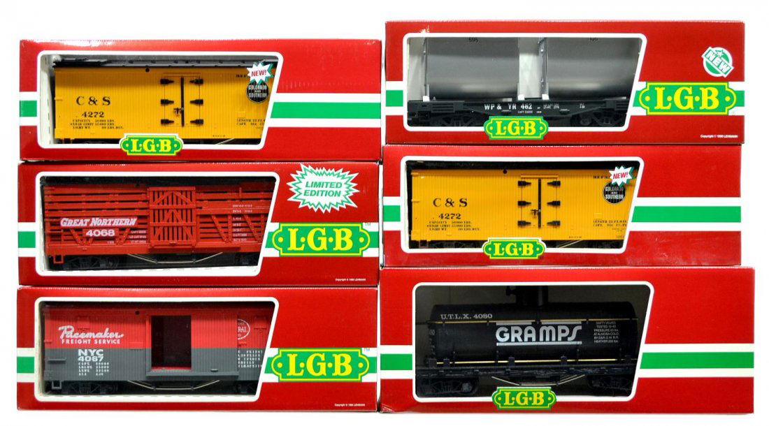 (6) LGB VARIOUS MODEL TRAIN CARS, ORIGINAL BOX: (lot of 6) LGB model train cars, G gauge, original box, several retaining cardboard sleeves: (1) 42720, freight; (1) 4086, freight; (1) 42720, freight; (1) 4080-Y 02, freight; (1) 4067-F 01, freight;