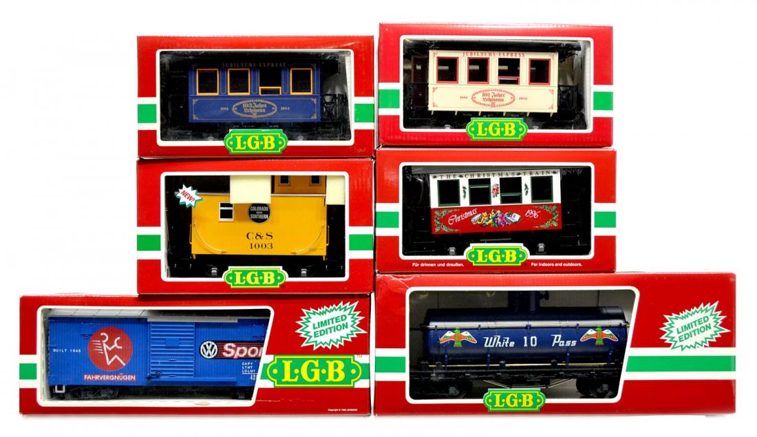 (6) LGB VARIOUS MODEL TRAIN CARS, ORIGINAL BOX: (lot of 6) LGB model train cars, G gauge, original box, several retaining cardboard sleeves: (1) 4080-W 01, freight; (1) 4090 VW, freight; (1) 1984 Jahreswagen; (1) 36076, passenger; (1) 1982 Jahreswa
