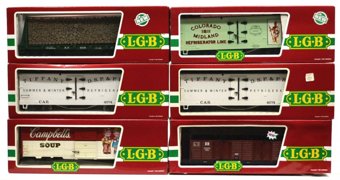(6) LGB VARIOUS MODEL TRAIN CARS, ORIGINAL BOX: (lot of 6) LGB model train cars, G gauge, original box, several retaining cardboard sleeves: (1) 4074-B 02, freight; (1) 4078, freight; (1) 4072-P 02, freight: (1) 4162, freight; (1) 4074-B 02, freigh