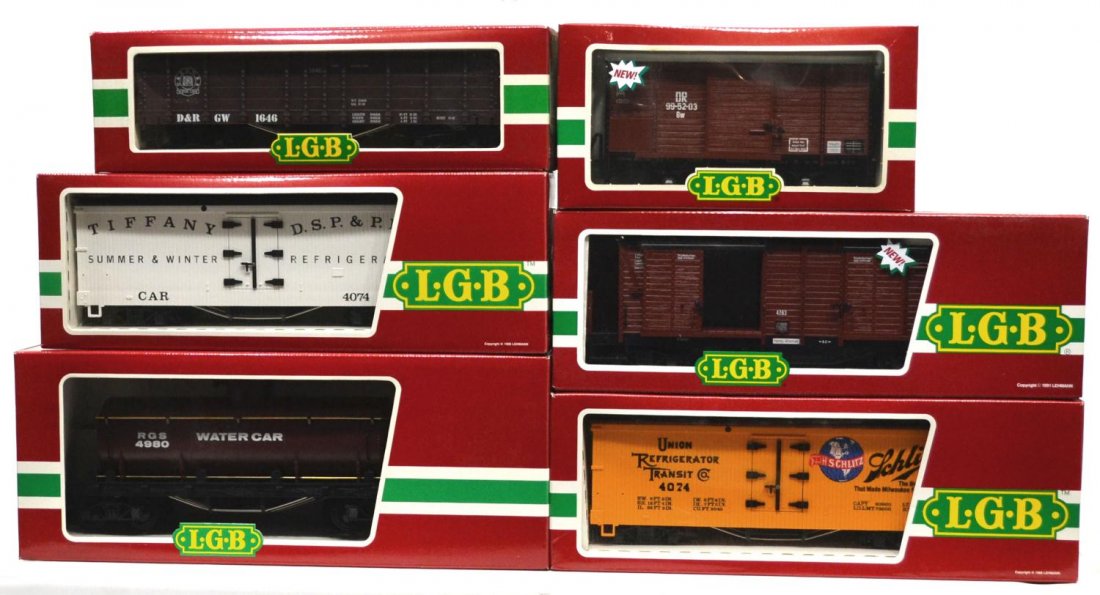 (6) LGB VARIOUS MODEL TRAIN CARS, ORIGINAL BOX: (lot of 6) LGB model train cars, G gauge, original box, some with cardboard sleeves: (1) 4080-Y 03, freight; (1) 4074-Z 02, freight; (1) 4073, freight; (1) 4074-B 02, freight; (1) 46350, freight; (1) 
