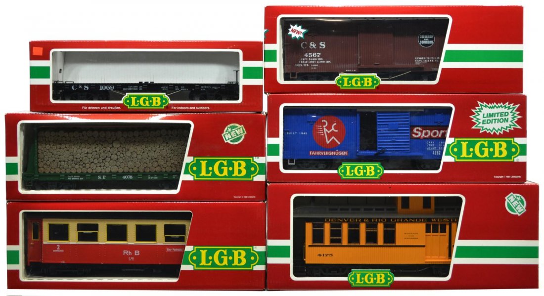 (6) LGB VARIOUS MODEL TRAIN CARS, ORIGINAL BOX: (lot of 6) LGB model train cars, G gauge, original box, some with cardboard sleeves: (1) 3064, passenger' (1) 4290W, freight; (1) 4078, freight; (1) 4175, freight; (1) 45670, freight; (1) 42690, freig