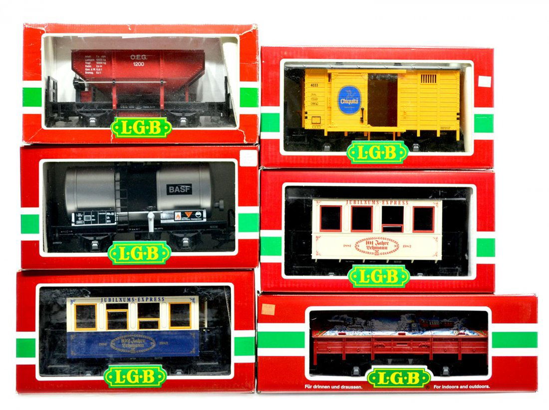 (6) LGB VARIOUS MODEL TRAIN CARS, ORIGINAL BOX: (lot of 6) LGB model train cars, G gauge, original box, some with cardboard sleeves: (1) 4033, Chiquita, freight; (1) 4041, freight; (1) 45110, freight; (1) 4040-C, freight; (1) 1982 Jahreswagen; (1)