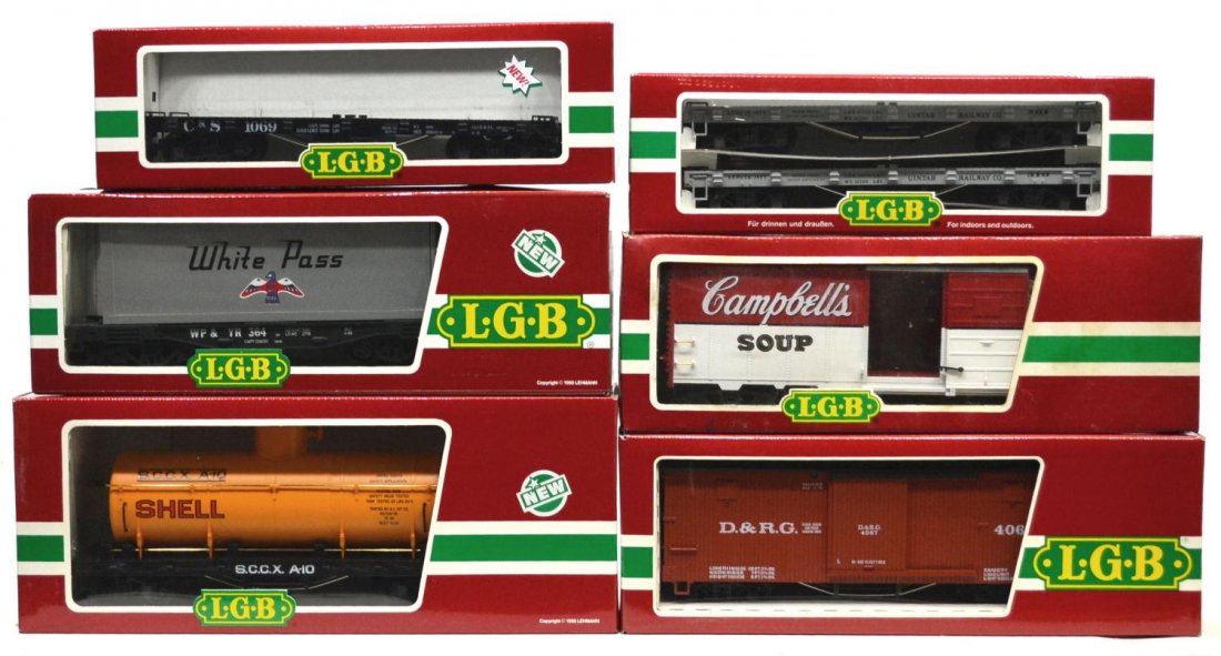 (6) LGB VARIOUS MODEL TRAIN CARS, ORIGINAL BOX: (lot of 6) LGB model train cars, G gauge, original box, some with cardboard sleeves: (1) 4280, freight; (1) 4085, freight; (1) 41911, Campbell's Soup, freight; (1) 42600. freight; (1) 42690, freight; 