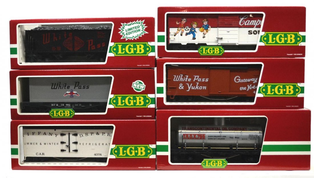 (6) LGB VARIOUS MODEL TRAIN CARS, ORIGINAL BOX: (lot of 6) LGB model train cars, G gauge, original box, some with cardboard sleeves: (1) 4074-B 02, freight; (1) 4080-Y-01, freight; (1) 4191-CS, Campbell's Soup, freight; (1) 4076-W 02, freight; (1) 