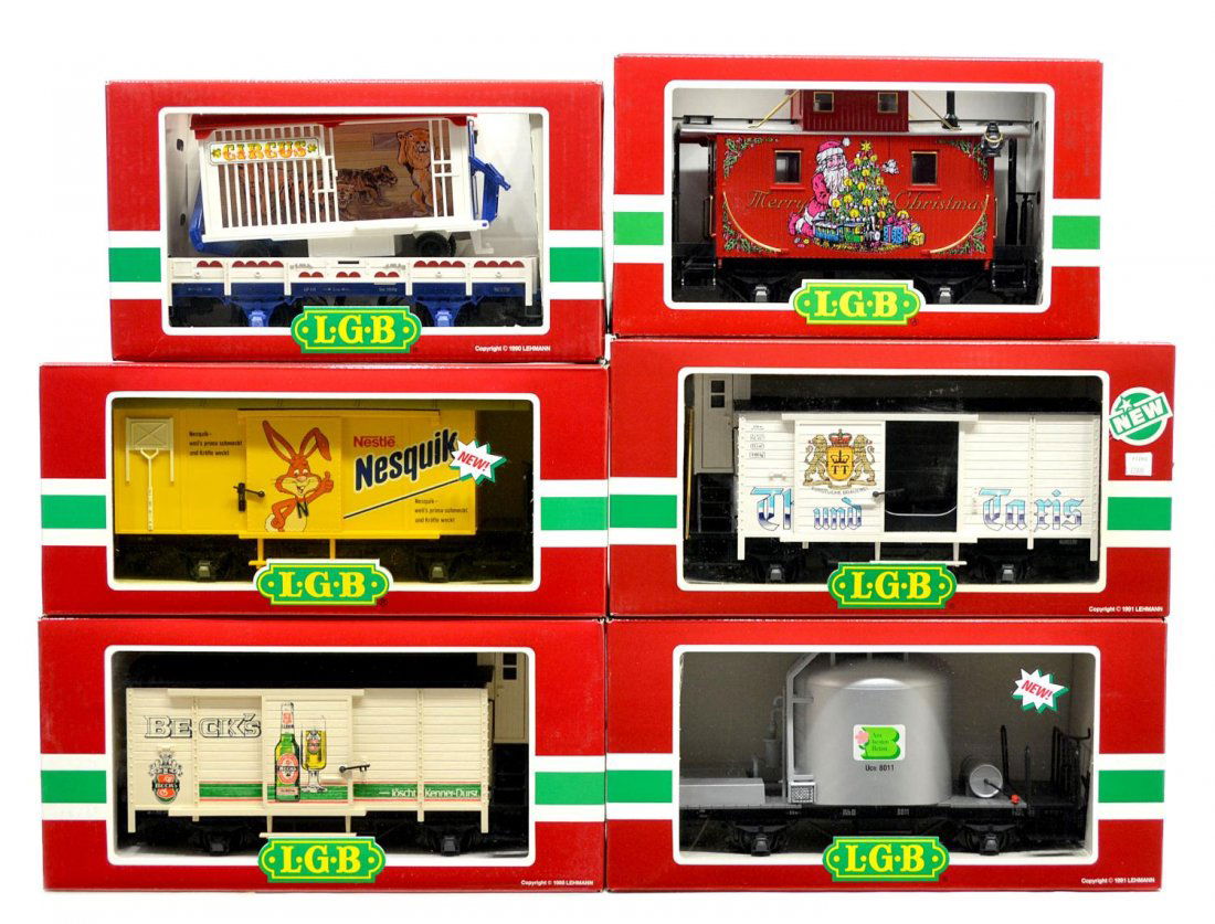 (6) LGB VARIOUS MODEL TRAIN CARS, ORIGINAL BOX: (lot of 6) LGB model train cars, G gauge, original box, some with cardboard sleeves: (1) 4126, freight; (1) 4038, freight; (1) 44650, freight; (1) 45280, freight; (1) 41250, freight; (1) 4026, freight