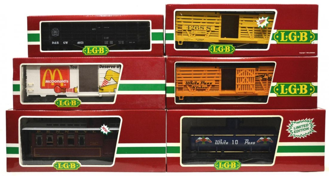(6) LGB VARIOUS MODEL TRAIN CARS, ORIGINAL BOX: (lot of 6) LGB model train cars, G gauge, original box, several retaining cardboard sleeves:(1) 4275O, freight; (1) 42682, freight; (1) 44910 McDonald's , freight; (1) 4080-W 01, freight; (1) 4073-C 0