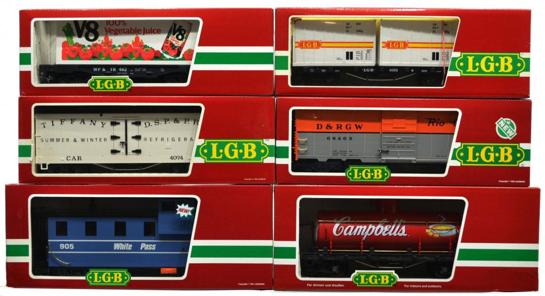 (6) LGB VARIOUS MODEL TRAIN CARS, ORIGINAL BOX: (lot of 6) LGB model train cars, G gauge, original box, several retaining cardboard sleeves: (1) 44800 Campbell's Soup, freight; (1) 41850 V8 Vegetable Juice, freight; (1) 4069, freight; (1) 4071, fre