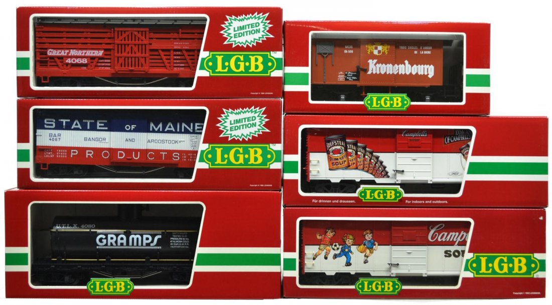 (6) LGB VARIOUS MODEL TRAIN CARS, ORIGINAL BOX: (lot of 6) LGB model train cars, G gauge, original box, several retaining cardboard sleeves: (1) 4080-Y 2, freight; (1) 4067-K 01, freight; (1) 46913 Campbell's Soup, freight; (1) 4191 CS Campbell's S