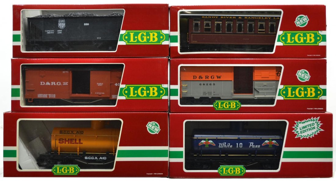 (6) LGB VARIOUS MODEL TRAIN CARS, ORIGINAL BOX: (lot of 6) LGB model train cars, G gauge, original box, several retaining cardboard sleeves: (1) 4067, freight; (1) 33800, passenger; (1) 4280, freight; (1) 4091, freight; (1) 4076, freight; (1) 4080-