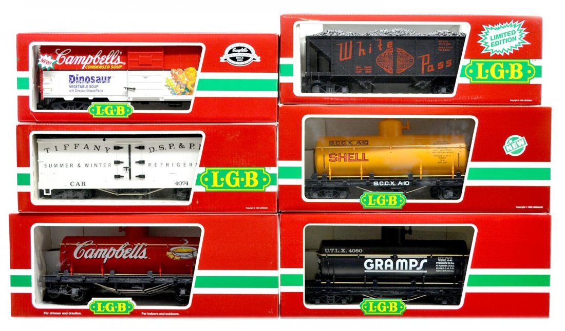 (6) LGB VARIOUS MODEL TRAIN CARS, ORIGINAL BOX: (lot of 6) LGB model train cars, G gauge, original box, some with cardboard sleeves: (1) 4074-B 02, freight; (1) 4280, freight; (1) 4076-W 02, freight; (1) 46910, Campbell's Soup, freight; (1) 4080-Y 