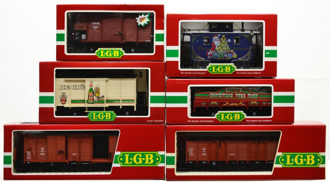(6) LGB VARIOUS MODEL TRAIN CARS, ORIGINAL BOX: (lot of 6) LGB model train cars, G gauge, original box, several retaining cardboard sleeves: (1) 42103, freight; (1) 42352, freight; (1) 4026, freight; (1) 4062, freight; (1) 4063, freight; (1) 44653,