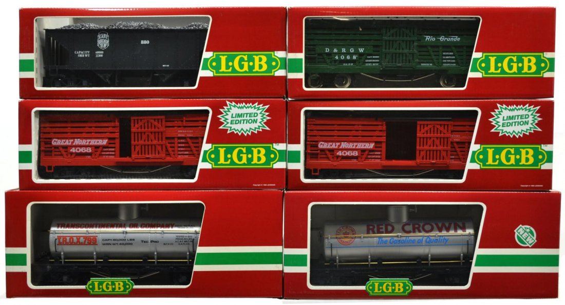 (6) LGB VARIOUS MODEL TRAIN CARS, ORIGINAL BOX: (lot of 6) LGB model train cars, G gauge, new in box, several retaining cardboard sleeves: (1) 4180, freight; (1) 4068, freight; (1) 4080-Y 01, freight; (1) 4076, freight; (2) 4068-N 01, freight; larg