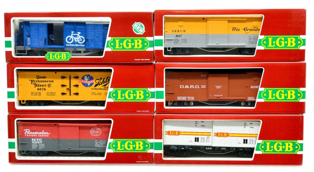 (6) LGB VARIOUS MODEL TRAIN CARS, ORIGINAL BOX: (lot of 6) LGB model train cars, G gauge, original box, some with cardboard sleeves: (1) 4069, freight: (1) 4067-F 01, freight: (1) 4163, freight; (1) 4067, freight; (1) 4074-Z 02, freight; (1) 4067-D