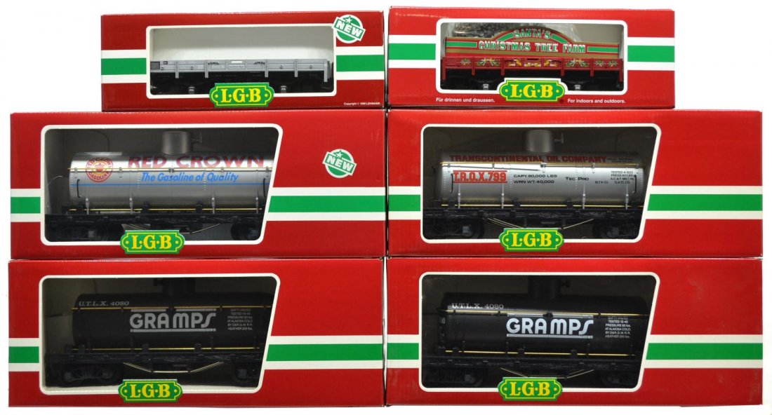 (6) LGB VARIOUS MODEL TRAIN CARS, ORIGINAL BOX: (lot of 6) LGB model train cars, G gauge, original box, several retaining cardboard sleeves: (1) 4080-Y 01, freight; (2) 4080-Y 02, freights; (1) 4080, freight; (1) 42103, freight; (1) 4110, freight; 