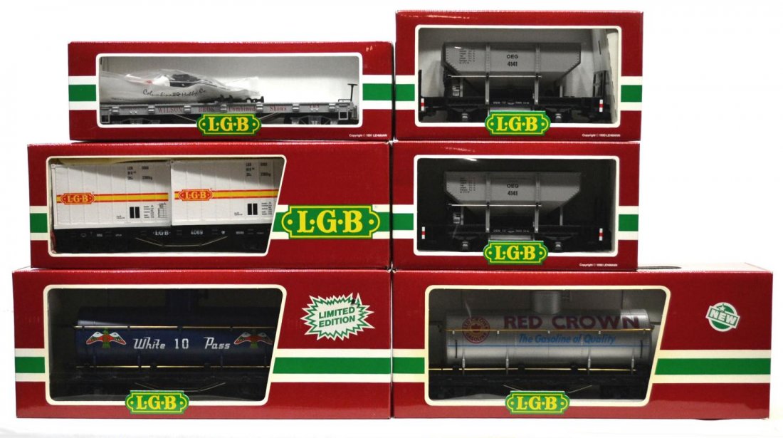 (6) LGB VARIOUS MODEL TRAIN CARS, ORIGINAL BOX: (lot of 6) LGB model train cars, G gauge, original box, some with cardboard sleeves: (1) 4080-W 01, freight; (1) 4180, freight; (1) 4069, freight; (1) 4360-DG, freight; (2) 4141, freight, longest box: