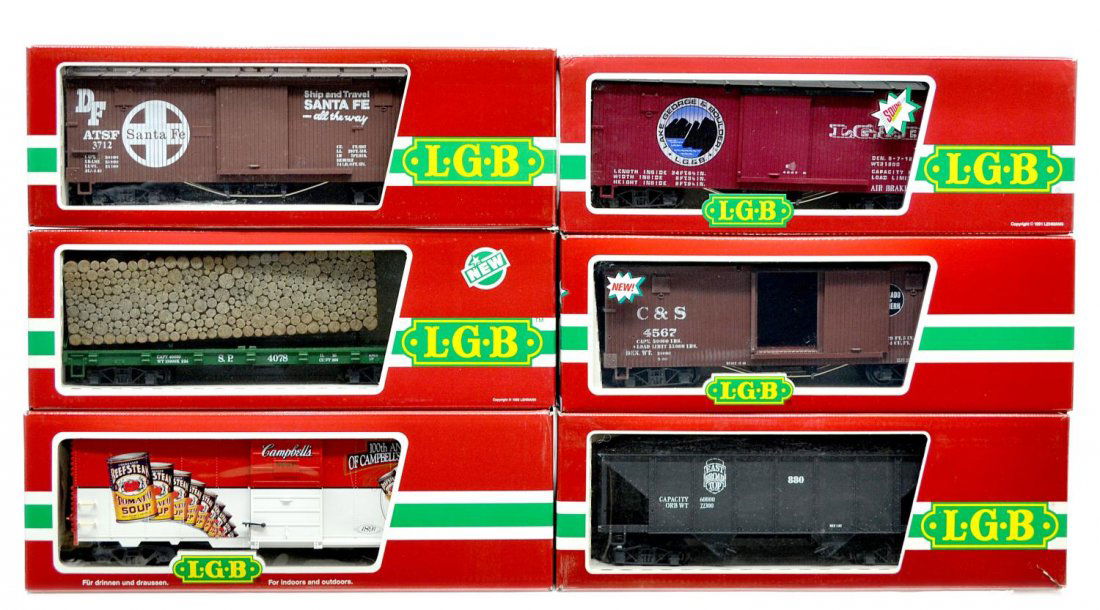 (6) LGB VARIOUS MODEL TRAIN CARS, ORIGINAL BOX: (lot of 6) LGB model train cars, G gauge, original box, several retaining cardboard sleeves: (1) 46913 Campbell's Soup, freight; (1) 45670, freight; (1) 4067 D 03, freight; (1) 4267 S, freight;( 1) 40
