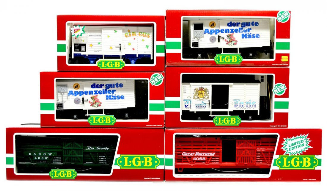 (6) LGB VARIOUS MODEL TRAIN CARS, ORIGINAL BOX: (lot of 6) LGB model train cars, G gauge, original box, some with cardboard sleeves: (1) 4068-N 01, freight; (1) 4068, freight; (2) 4328, freight; (1) 4136-S, freight; (1) 4126, freight, longest box: 