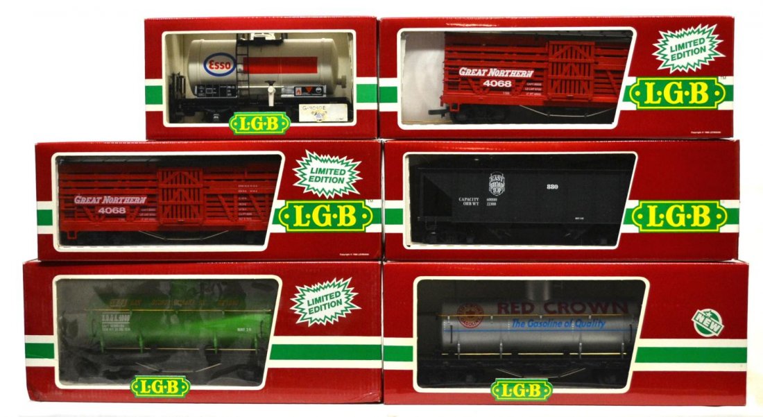 (6) LGB VARIOUS MODEL TRAIN CARS, ORIGINAL BOX: (lot of 6) LGB model train cars, G gauge, original box, several retaining cardboard sleeves: (1) 4080-Y 05, freight; (1) 4180, freight; (1) 4076, freight; (1) 4040 E, freight; (2) 4068-N 01, freights;