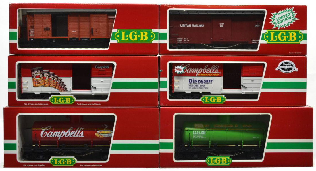 (6) LGB VARIOUS MODEL TRAIN CARS, ORIGINAL BOX: (lot of 6) LGB model train cars, G gauge, original box, several retaining cardboard sleeves: (1) 4080-Y 05, freight; (1) 4067 WC, freight; (1) 4063, freight; (1) 46910 Campbell's Soup, freight; (1) 44