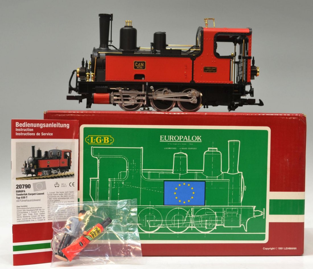 LGB MODEL TRAIN EUROPAOLK LOCOMOTIVE #20790: LGB model train Europaolk locomotive, #20790, Tenderlok Corpet-Louvet, model of Type 30 T, in styrofoam box and original outer box, papers, trainman figure, box: 9"h, 16"l, 7.5"w, 6.5lbs Start Price: 