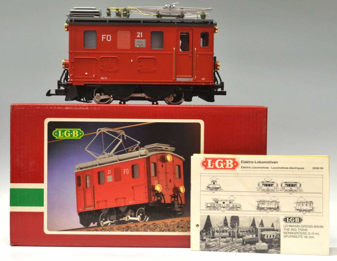LGB MODEL TRAIN ELECTRIC LOCOMOTIVE #2046: LGB model train Electric Locomotive #2046, G gauge, styrofoam box and original outer box, papers, 9.25"h, 16"l, 7.5"w, 8.25lbs Start Price: $50.00