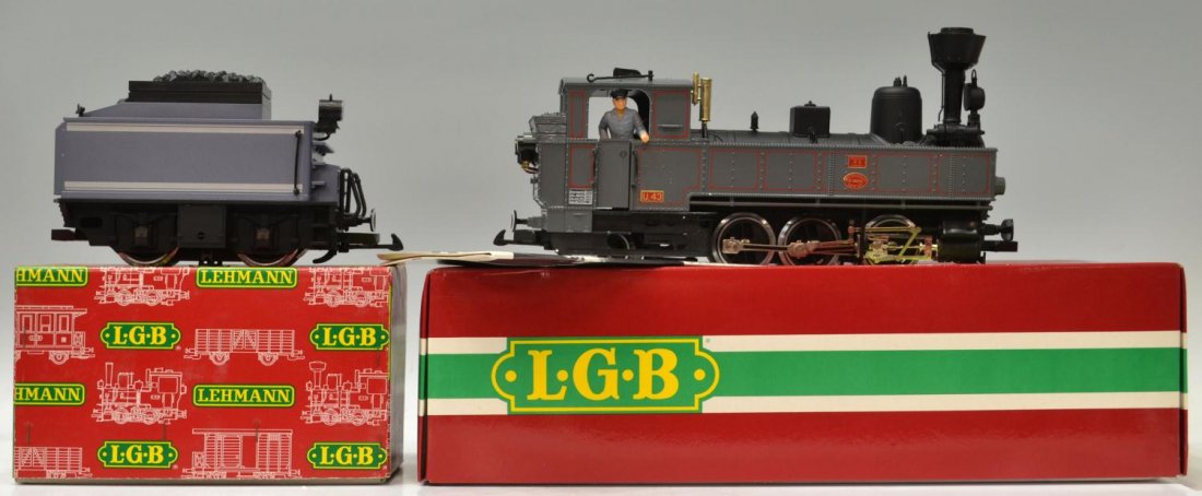 (2) LGB LOCOMOTIVE #2070D & TENDER #2117/6: (lot of 2) LGB model train steam locomotive #2070 D, styrofoam box and original outer box, together with coal tender #2117/6 in original box, largest box: 5.5"h, 18.5"l, 8.5"w, total: 9lbs Start Price