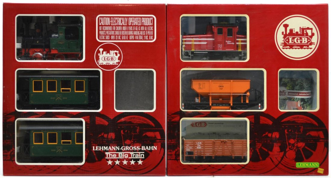 (2) LGB, TWO TRAIN SETS, #20518 EK, #20534 MF: (lot of 2) LGB model train sets, G gauge, original boxes: (1) 20518 EK (engine #2061); (1) 20534 MF (engine #2020); both without track, power supply and figures, largest box: 6"h, 21.25"w, 22"d, total