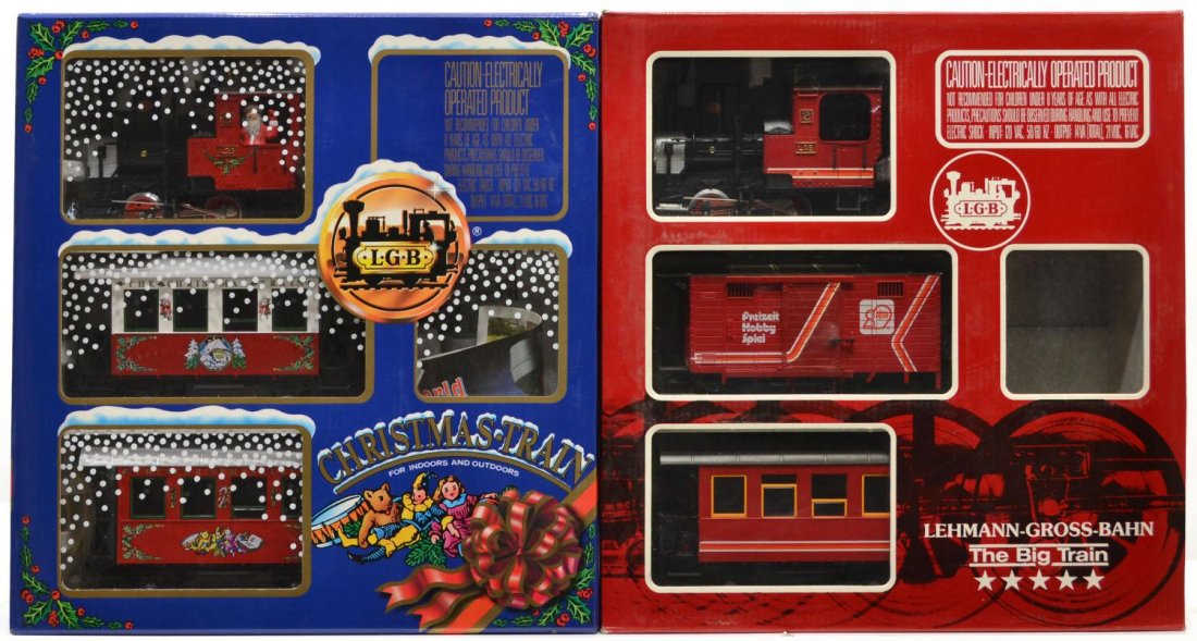 (2) LGB, TWO TRAIN SETS, #20540 US, #21401 US: (lot of 2) LGB model train sets, G gauge, original boxes: (1) 20540 US, Christmas train, (engine #2020), no power supply and track; (1) 21401 US, (engine #2020), no power supply, track and figures; la