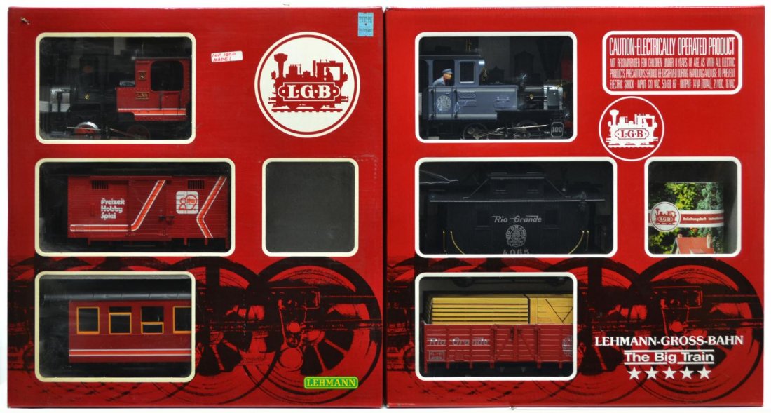 (2) LGB, TWO TRAIN SETS, #20087, #20513: (lot of 2) LGB model train sets, G gauge, original boxes: (1) 20513, (engine #2020); (1) 20087, (engine #2017), without figures; both without power supply and track, largest box: 6", 21.25"w, 22.5"d,