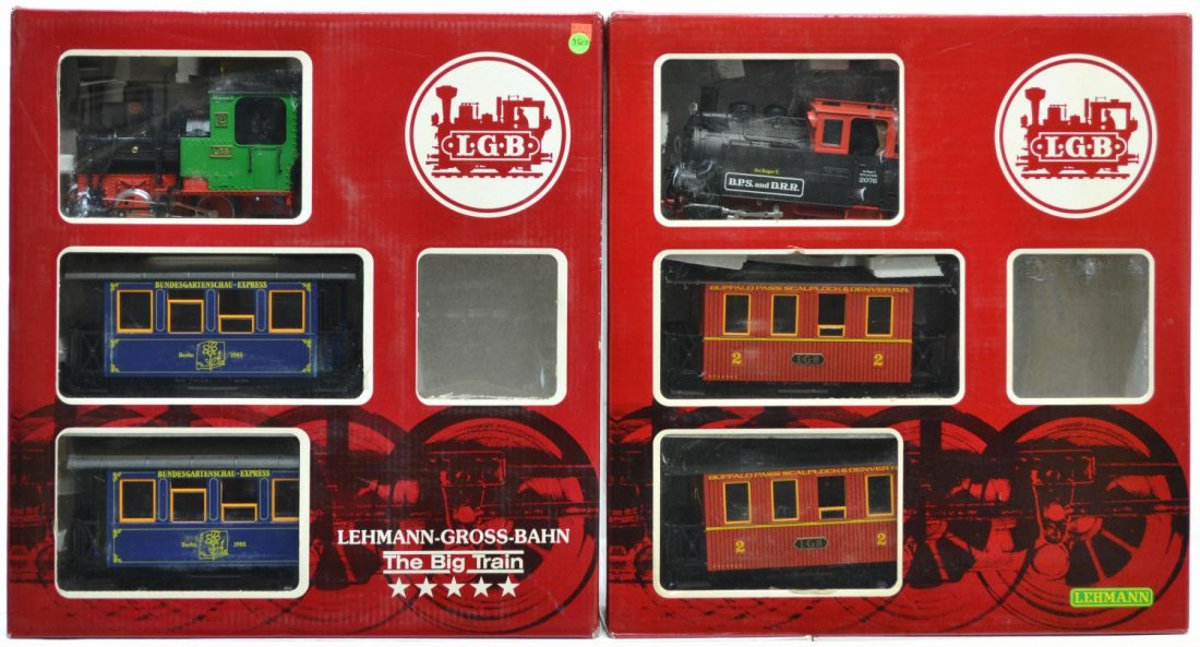 (2) LGB, TWO TRAIN SETS, #20301 BP, #20532: (lot of 2) LGB model train sets, G gauge, original boxes: (1) 20532, (engine#2020); (1) 20301 BP, (engine#2076), without figures; both without power supply and track, largest box: 6"h, 21.25"w, 22.5"d