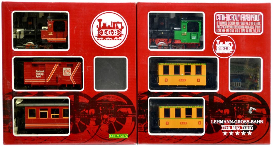 (2) LGB, TWO TRAIN SETS, #20513, #20537: (lot of 2) LGB model train sets, G gauge, original boxes: (1) 20513, (engine# 2020); (1) 20537, (engine #2020); both without power supply and tracks, largest box: 6"h, 21.25"w, 22.5"d, total: 17.5lbs