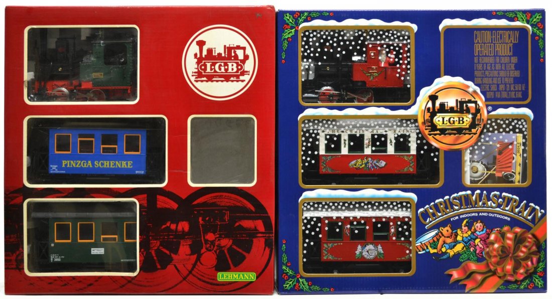 (2) LGB, TWO TRAIN SETS, #21540, #20520: (lot of 2) LGB model train sets, G gauge, original boxes: (1) 21540, Christmas train, (engine #2020); (1) 20520, (engine #2010), without figures; both without power supply and track, largest box: 6"h,