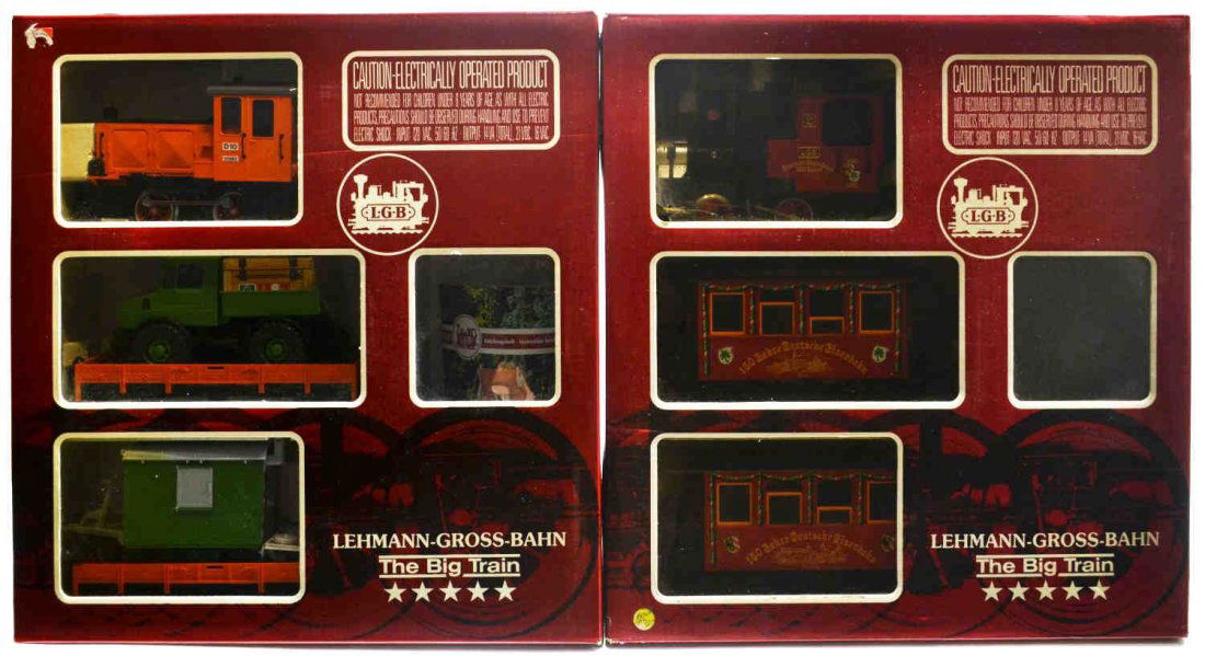 (2) LGB, TWO TRAIN SETS, #20150 US, #20530: (lot of 2) LGB model train sets, G gauge, original boxes: (1) 20150 US, (engine #2020); (1) 20530, (engine #2090), lacking figures; both without power supply and tracks, largest box: 6"h, 21.25"w, 22.