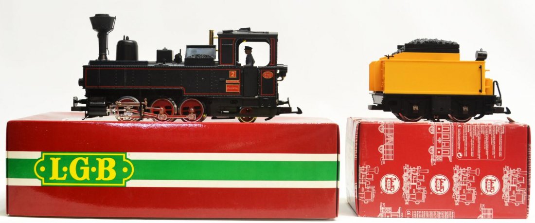 (2) LGB LOCOMOTIVE #2071D & TENDER #69172: (lot of 2) LGB model train steam locomotive #2071 D, styrofoam box and original outer box, together with coal tender #69172, largest box: 5.75"h, 18.5"l, 8.5"w, total: 9lbs Start Price: $50.00