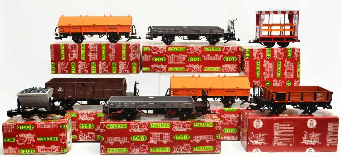 (8) LGB VARIOUS MODEL TRAIN CARS, ORIGINAL BOXES: (lot of 8) LGB model train cars, G gauge, original boxes: (1) 4143, freight car; (1) 3041, passenger car; (2) 4011, freight; (1) 94005, freight; (2) 4023, freight; (1) 4024, freight; largest box: 4"h,