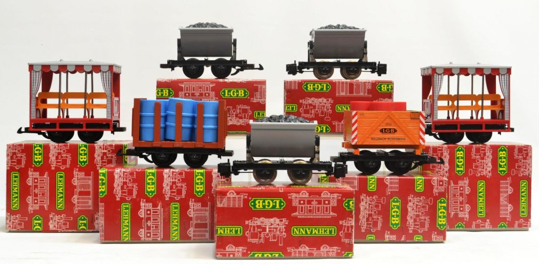 (7) LGB VARIOUS MODEL TRAIN CARS, ORIGINAL BOXES: lot of 8) LGB model train cars, G gauge, original boxes: (1) 4044, freight; (3) 4143, freight; (1) 4045, freight; (2) 3041, passenger, largest box: 6"h, 8"l, 4.25"w, total: 8lbs Start Price: $50.00