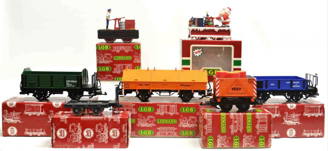 (7) LGB VARIOUS MODEL TRAIN CARS, ORIGINAL BOXES: lot of 7) LGB model train cars, G gauge, original boxes: (1) 4044, freight car; (1) 21010, Santa, passenger; (1) 94015, freight; (1) 40170, freight; (1) 4011, freight; (1) 94006, freight; (1) 2001, pa