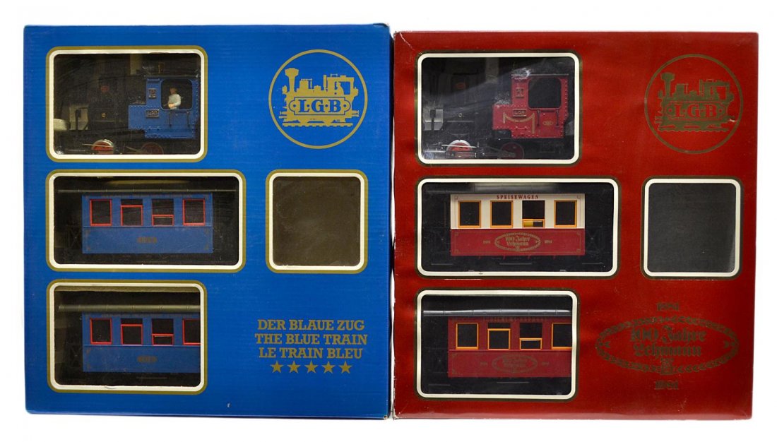 (2) LGB SETS, 100 JAHRE LEHMANN & THE BLUE TRAIN: (lot of 2) LGB model train sets, G gauge, original boxes: (1) 100 Jahre Lehmann (100th Lehmann Anniversary) train, engine #2010, two passenger cars; (1) The Blue Train / Der Blaue Zug, engine #2020, t