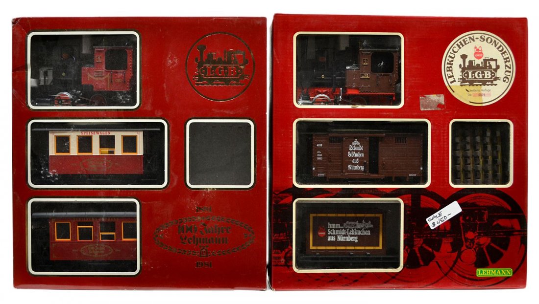 (2) LGB TRAIN SETS, 100 JAHRE LEHMANN & #20526: (lot of 2) LGB model train sets, G gauge, original boxes: (1) #20526, engine #2010, two freight cars, lacking one figure; (1) 100 Jahre Lehmann (100th Lehmann Anniversary) train, engine #2010, two pas