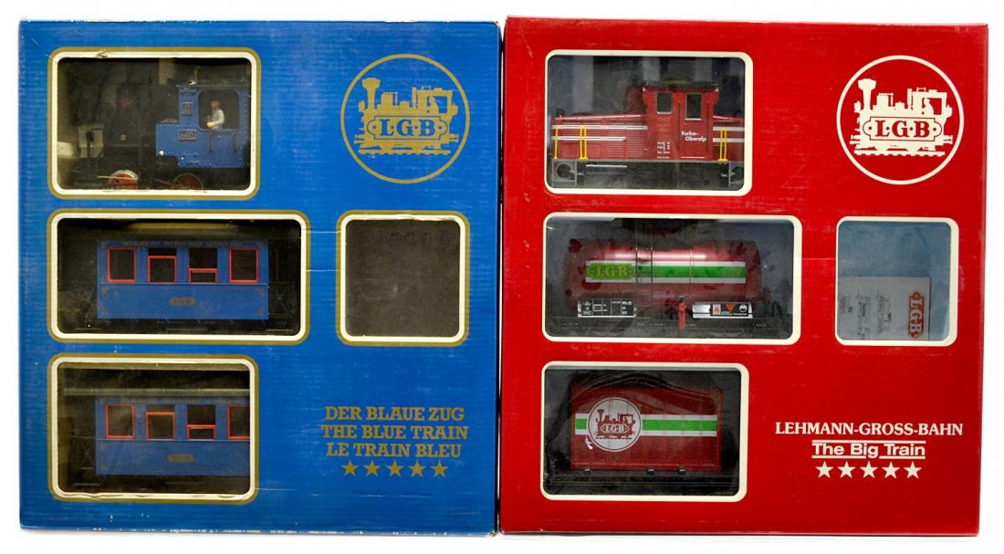 (2) LGB TRAIN SETS, THE BIG TRAIN & THE BLUE TRAIN: (lot of 2) LGB model train sets, G gauge, original boxes: (1) The Big Train, engine Furka-Oberalp #2061, freight car and tank car, with papers; (1) The Blue Train / Der Blaue Zug, engine #2020, two pa