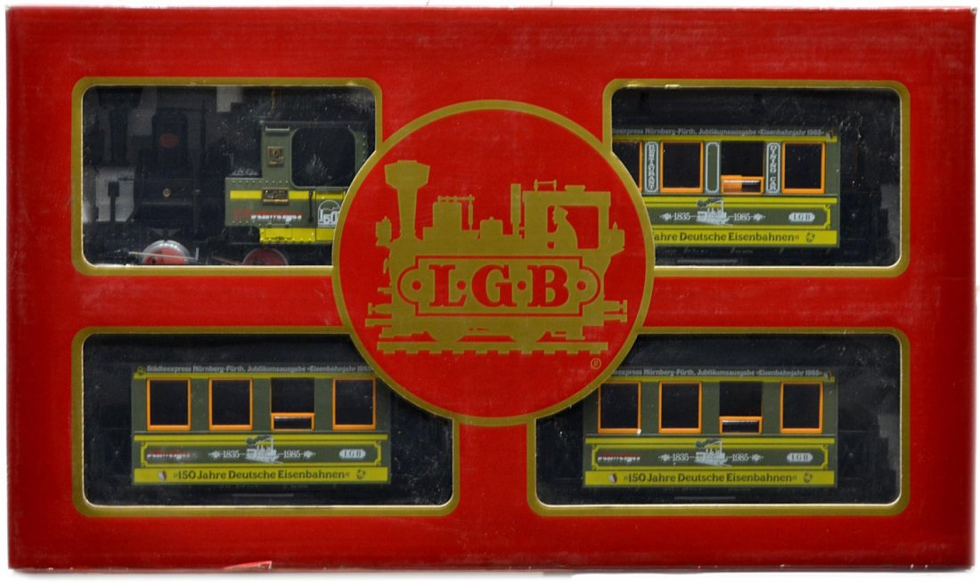 LGB SCHWEIGER 150 JAHRE DEUTSCHE EISENBAHNEN: LGB four piece model train, Schweiger 150 Jahre Deutsche Eisenbahnen (150 Years of German Railways), G gauge, engine #2020, two additional passenger cars and dining car, with papers, in original carry