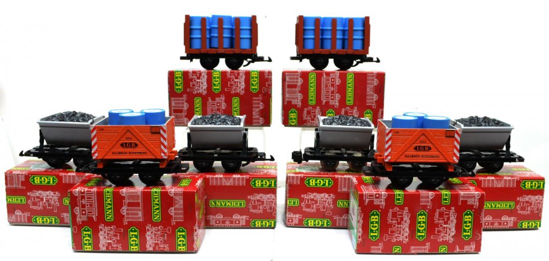 (8) LGB VARIOUS MODEL TRAIN CARS, ORIGINAL BOXES: (lot of 8) LGB model train cars, G gauge, original boxes: (4) 4143, freight; (2) 4044, freight; (2) 4045, freight; largest box: 4.5"h, 8"l, 4"w, total: 8.25lbs Start Price: $50.00