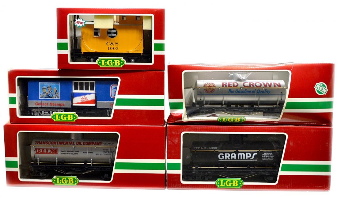 (5) LGB VARIOUS MODEL TRAIN CARS, ORIGINAL BOXES: (lot of 5) LGB model train cars, G gauge, original boxes, two retaining cardboard sleeves: (1) 4080-Y 01, freight; (1) 4080-Y 02, freight; (1) 4180, freight: (1) 31840, passenger; (1) 43650, freight, 
