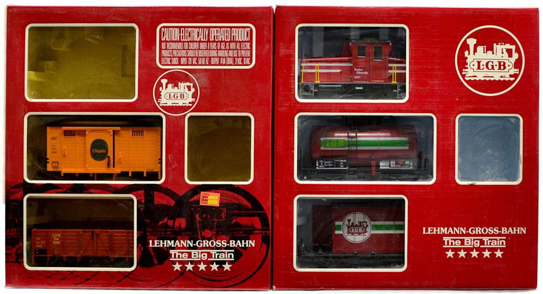 (2) TWO LGB TRAIN SETS, #20401 US & THE BIG TRAIN: (lot of 2) LGB model train sets, G gauge, original boxes: (1) The Big Train, engine #2061 Furka-Oberalp, freight car and tank car; (1) 20401 US, two freight cars, lacking engine and figures; both with