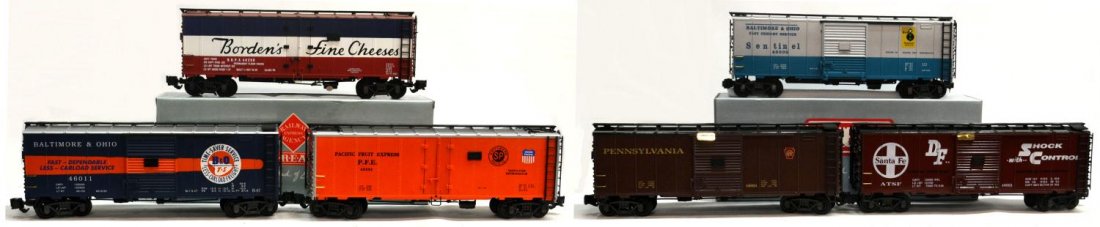 (6) REA VARIOUS MODEL TRAIN CARS, ORIGINAL BOXES: (lot of 6) Railway Express Agency, Aristo Craft model train cars in original boxes: (1) 46008, box car / stock car; (1) 46004, box car; (1) 46003, box car; (1) 46011, box car; (1) 46201, refrigerator 
