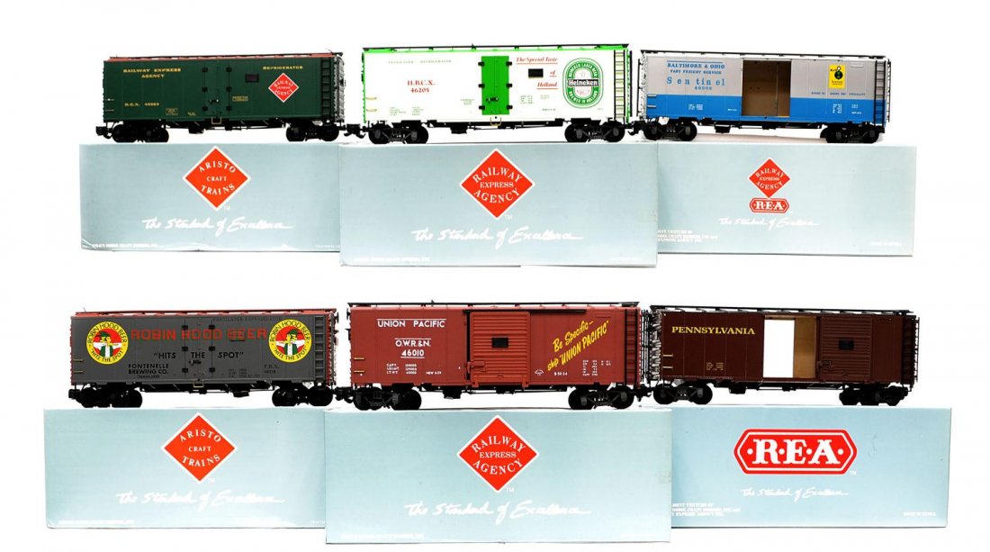 (6) REA VARIOUS MODEL TRAIN CARS, ORIGINAL BOXES: (lot of 6) Railway Express Agency Aristo Craft model train cars in original boxes: (1) 46004, box car; (1) 46010, box car; (1) 46218, Robin Hood Beer reefer car; (1) 46008, box car / stock car; (1) 46